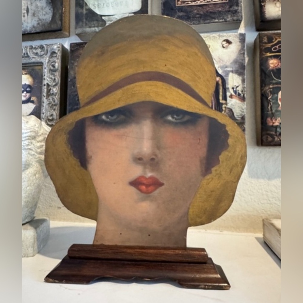 Antique 1920s Woman Flapper in Cloche Hat Painted Portrait on Wooden Stand